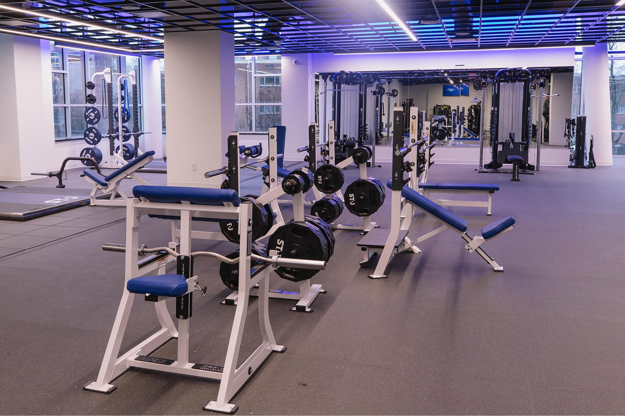 Weight benches with blue overhead lighting